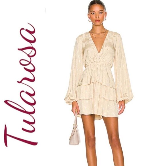 NWT TULAROSA Violette Open Back Blouson Sleeve Tiered Faux Wrap Dress, Size XS - Picture 1 of 16